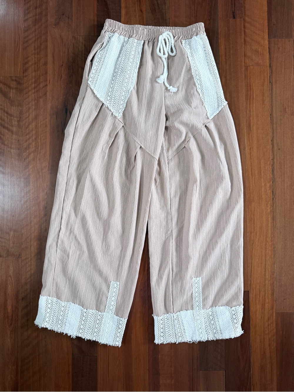Beige Wide Leg Crochet Trim Pants